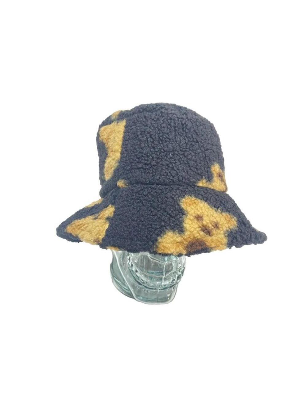 Brand New Cute Fuzzy Black and Tan Teddy Bear Bucket Hat Textured Fleece Cap